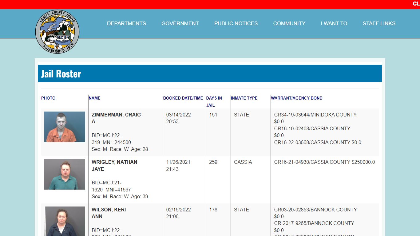 Cassia County, Idaho - Jail Roster